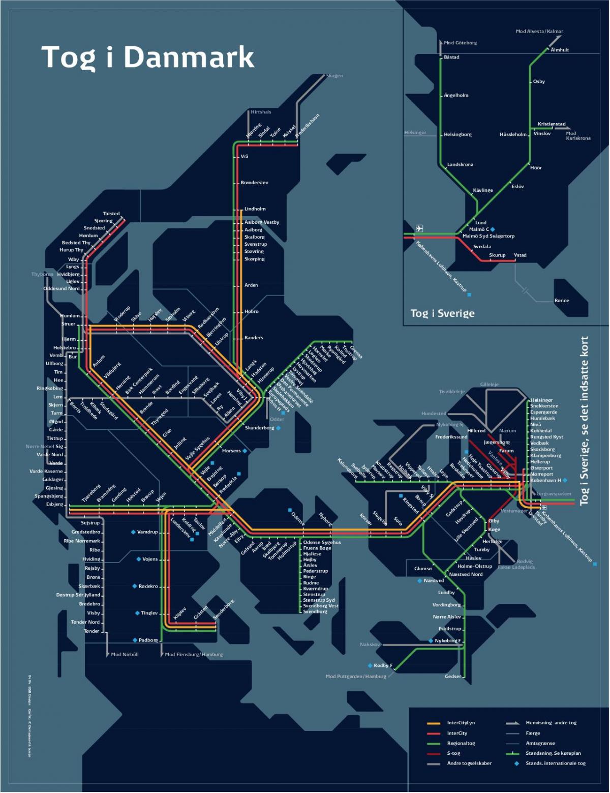 Mapa de trenes de copenhague, dinamarca